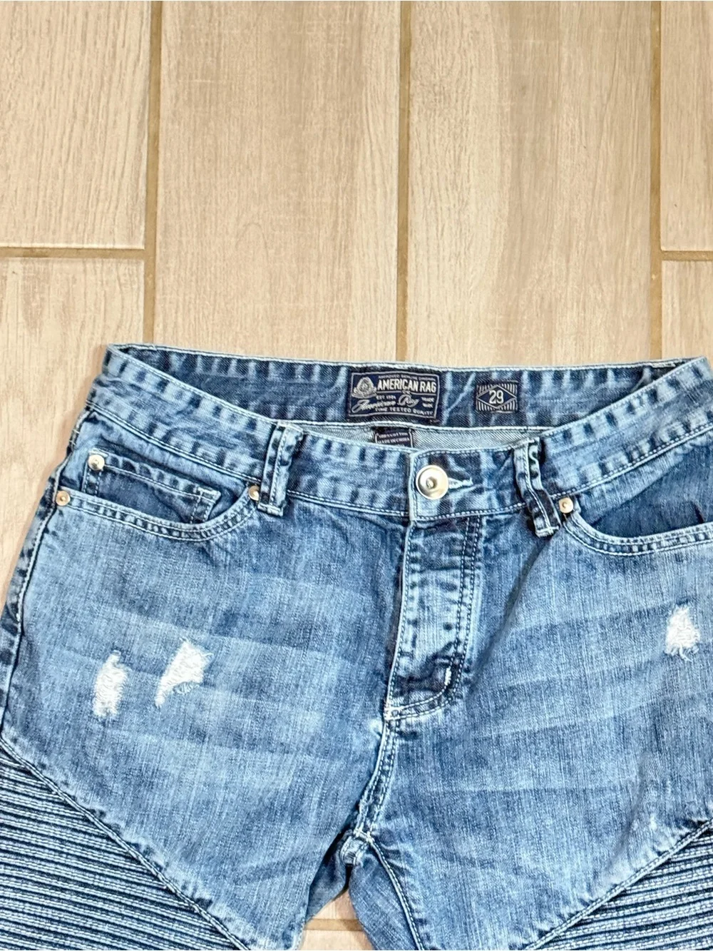 American Rag Blue Ribbed Moto Denim Shorts